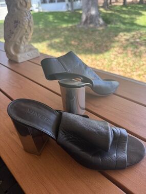 Vince Black Leather Open-Toe Mules with Metallic Block Heels